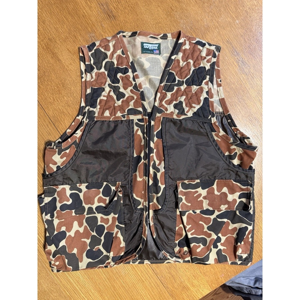 Vintage SafTbak Hunting Vest Duck Camo Game Pouch USA Upland Shooting VTG L/XL
